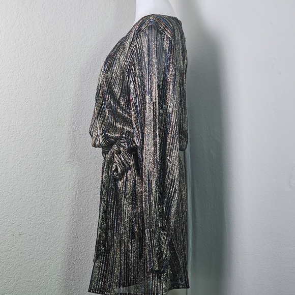 Ramy Brook Metallic Stripe Long Sleeve Belted Mini Dress Sz L - Picture 4 of 15
